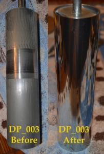 Before and after photos of a cavity tuning plunger which had seriously oxidized after being in service for about 25 years. The difference after cleaning and polishing is not merely cosmetic -- the cavity performs better than factory specs and now has many years added to its useful life.