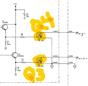 The highlighter marking shows the part identification of the two FET's as found on the mechanical drawing, which IFR accidentally reversed. I'm sticking with the part number as found on the schematic, flipping the designations of Q3 and Q4 on my design.