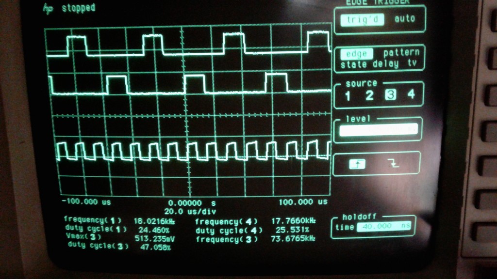 In this screenshot from the oscilloscope, the top trace is the signal to the solder pad for the gate of Q3, the middle trace is the signal for the gate of Q4, and the lower trace is the oscillating clock signal.