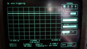 DC output as seen on the oscilloscope with the PS 250 set for 5 VDC after replacement of all electrolytic capacitors and the addition of a filter capacitor at the output terminals.
